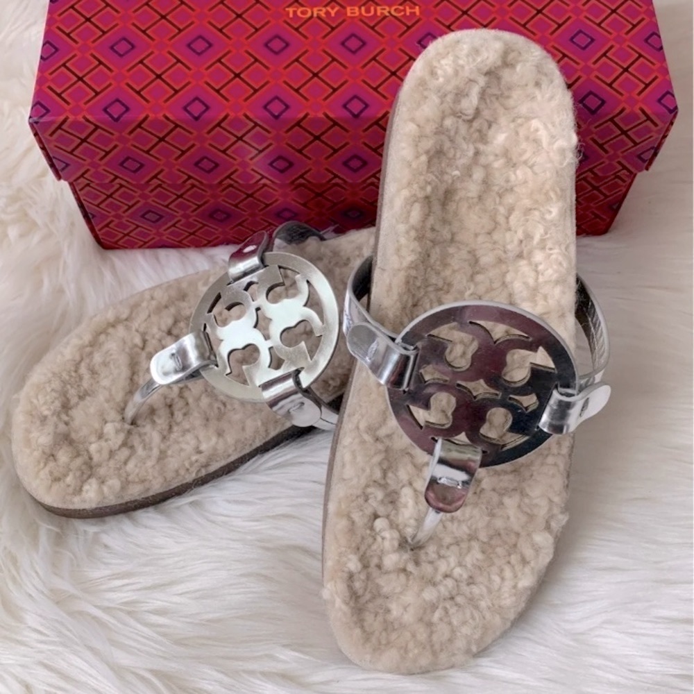 🐏 Tory Burch Miller Cloud Shearling Leather Sandals - 8.5 - New in Box